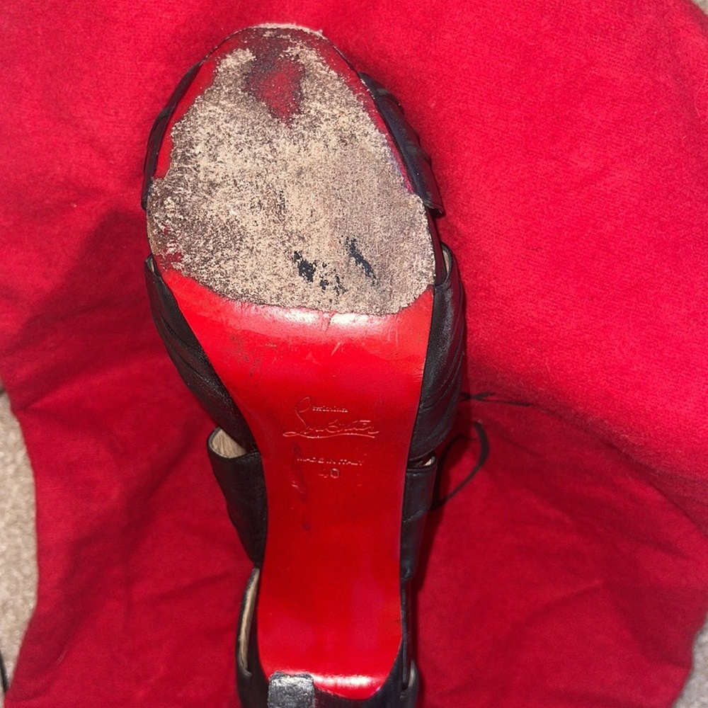 CHRISTIAN LOUBOUTIN Bandra 140 Napa Black Leather Peep Toe Pump Sz 40 - Picture 12 of 16